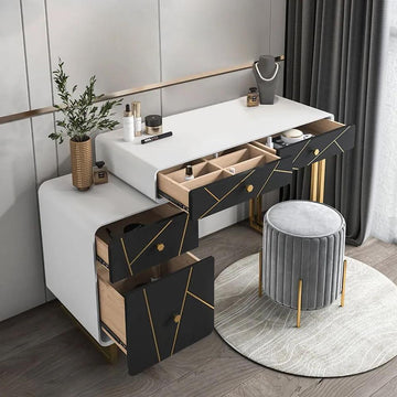 Modern White&Black Makeup Vanity Expandable Dressing Table with Cabinet
